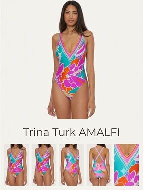 Trina Turk Amalfi plunge one-piece swimsuit features a vibrant tropical floral